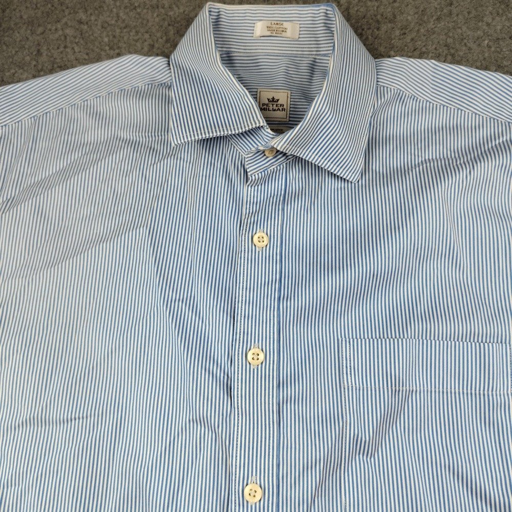 Peter Millar Nanoluxe Easy Care Mens Large Blue White Striped Button Down Shirt